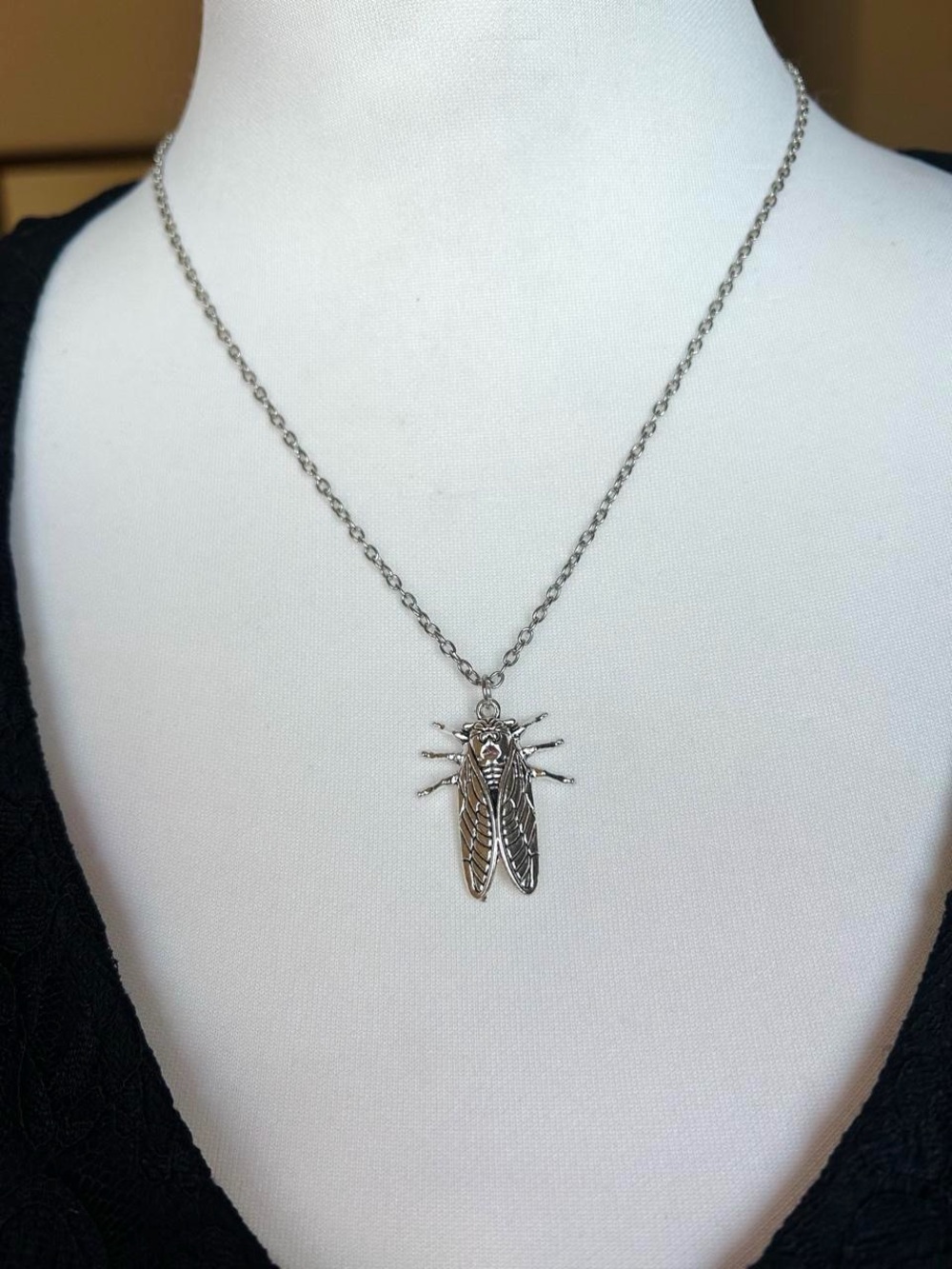 Sterling Silver Tone Cicada Pendant Necklace - Silver